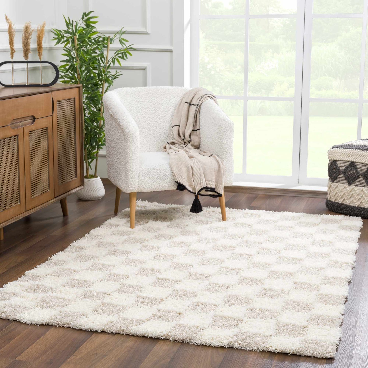 Atira Light Brown Checkered Area Rug - Quahog Bay Bedding