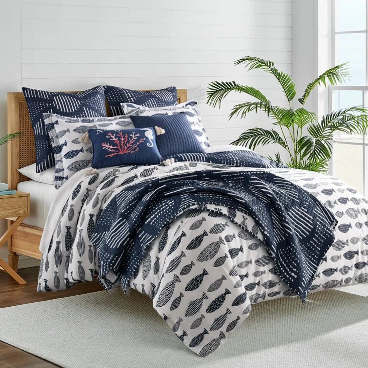 Bakio Coastal Comforter Set - Navy & White Fish Geometric Design - Quahog Bay Bedding