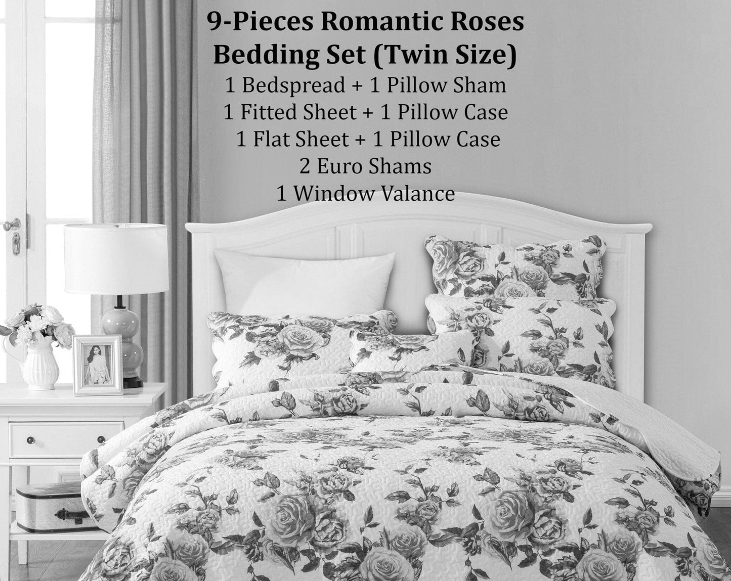 Bedding Bundle- Romantic Roses- Floral Scalloped Edge Bedding Set - Quahog Bay Bedding