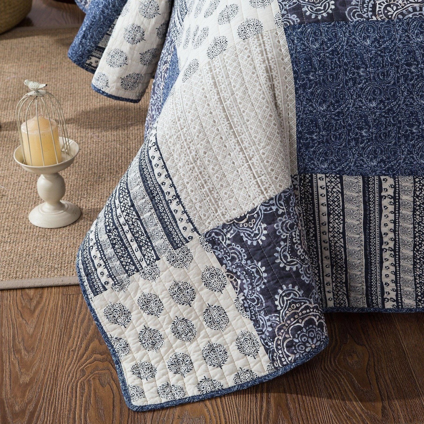 DaDa Bedding Bohemian Denim Blue Elegance Patchwork Cotton Bedspread Set (JHW-660) - DaDa Bedding Collection