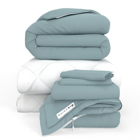 QuickZip Fresh Bed Bundle  - Base, Pad, Sheet Set, Duvet And Comforter - Twilluxe Flannel