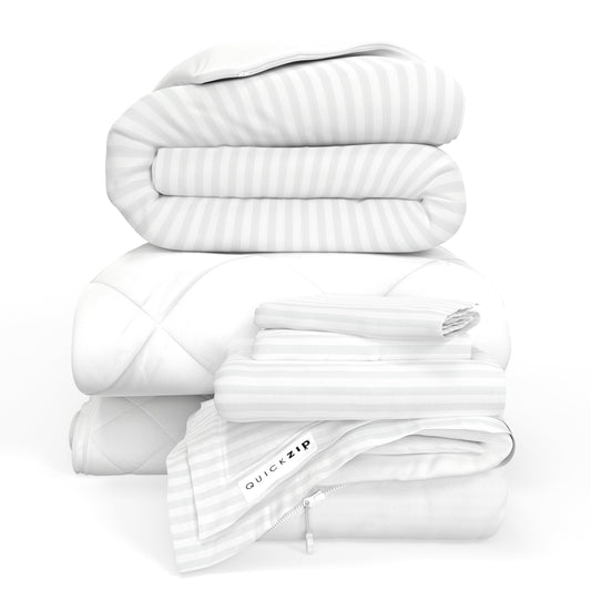 QuickZip Fresh Bed Bundle  - Base, Pad, Sheet Set, Duvet And Comforter - ComfortCore