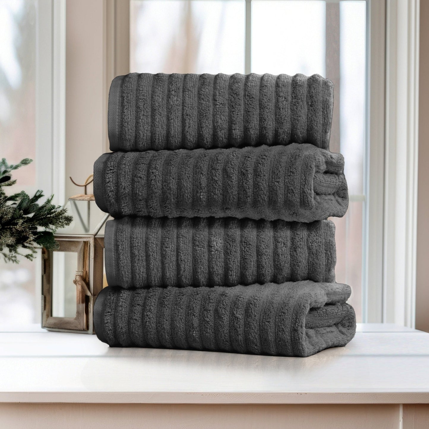 Bibb Home 4 Pack Ribbed Egyptian Cotton Bath Towel Set - Quahog Bay Bedding