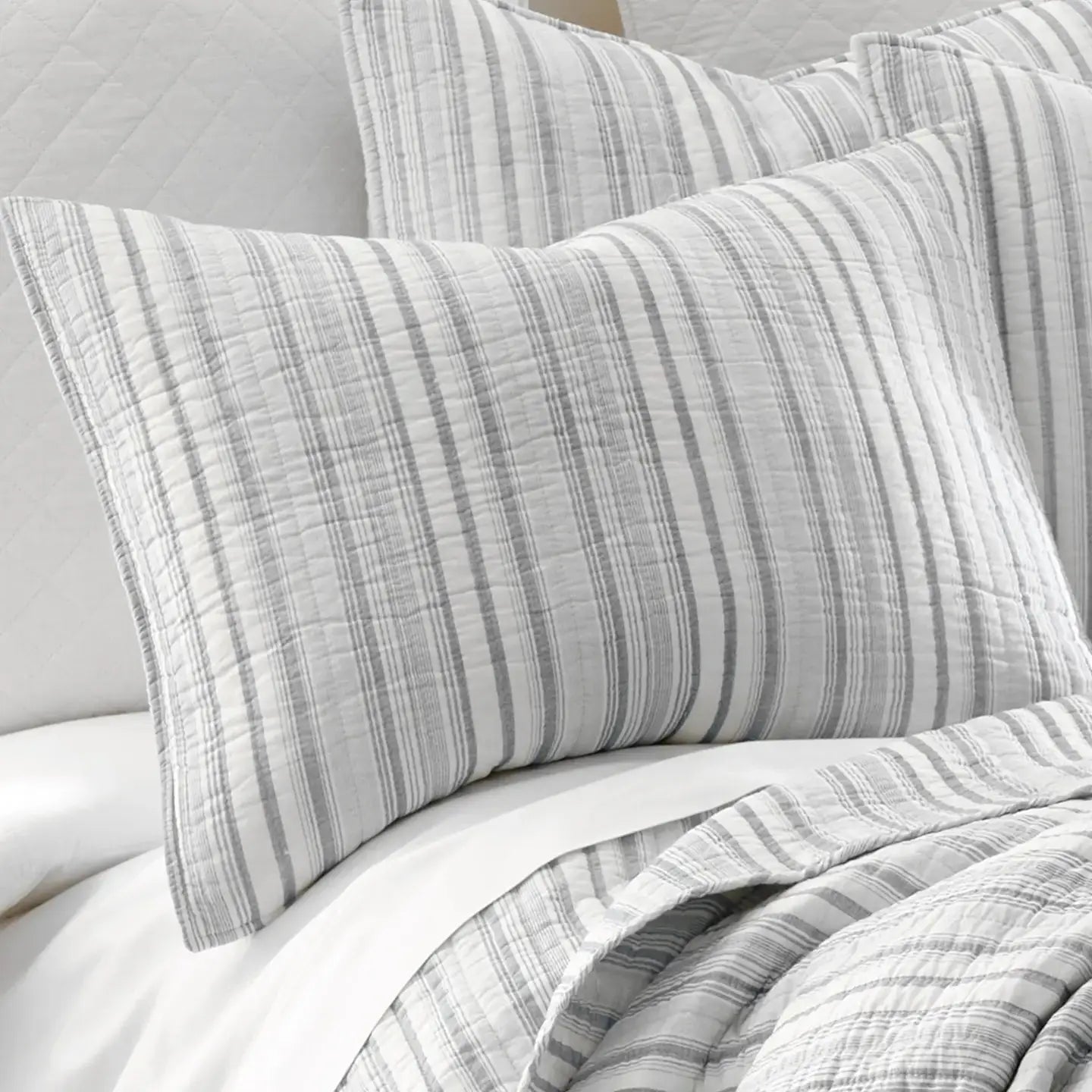 Bondi Stripe Grey Quilt Set Coastal Bedding Set Grey Hues - Quahog Bay Bedding