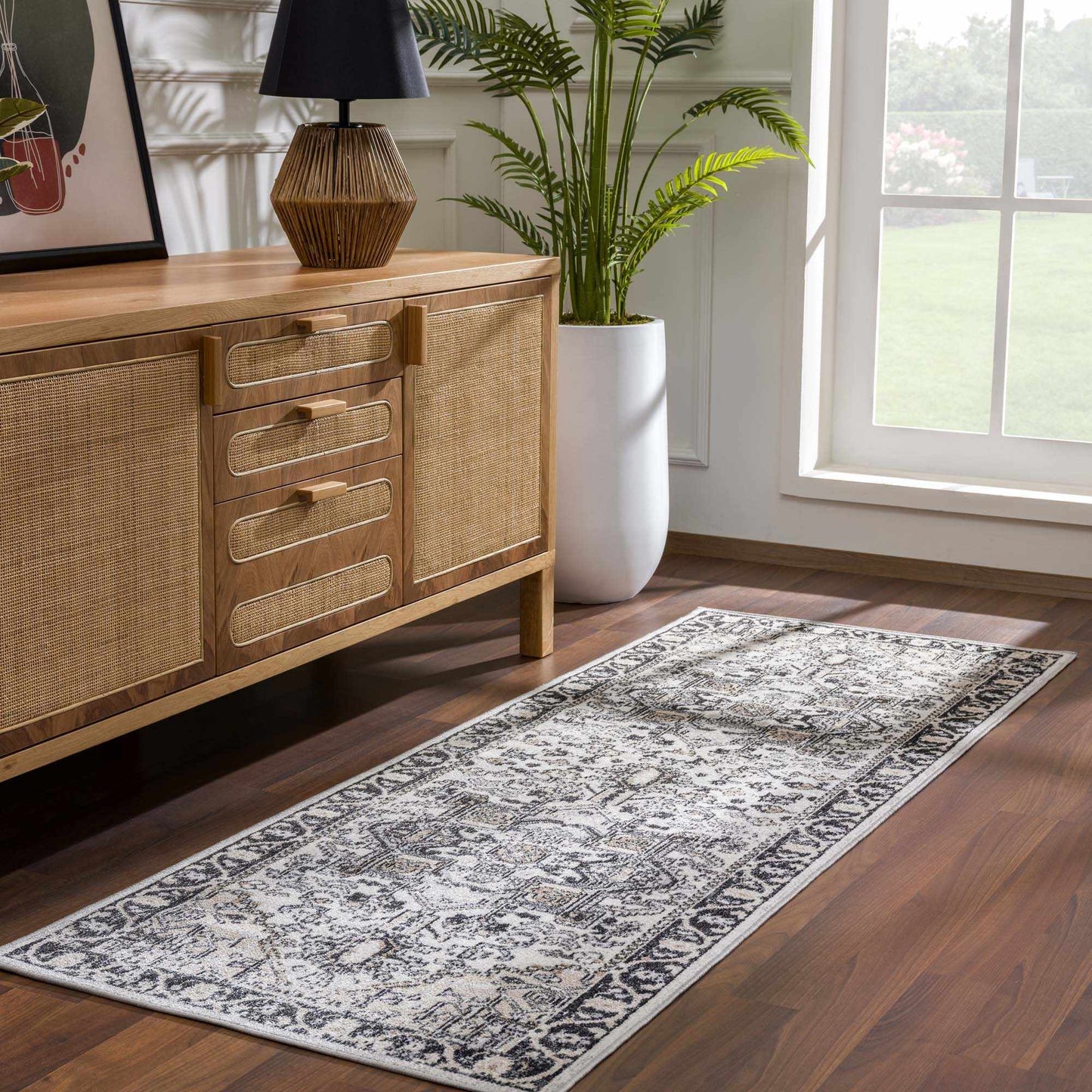Cabacungan Washable Rug - Easy Clean by Hauteloom styled in a modern hallway. Runner design ideal for narrow spaces.