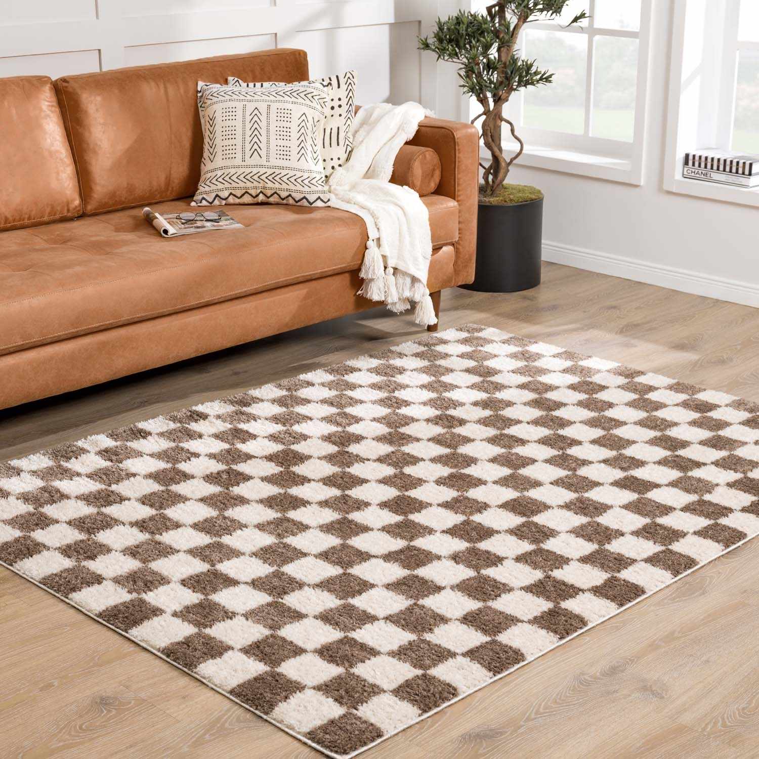 Canika Brown Washable Checkered Area Rug - Quahog Bay Bedding
