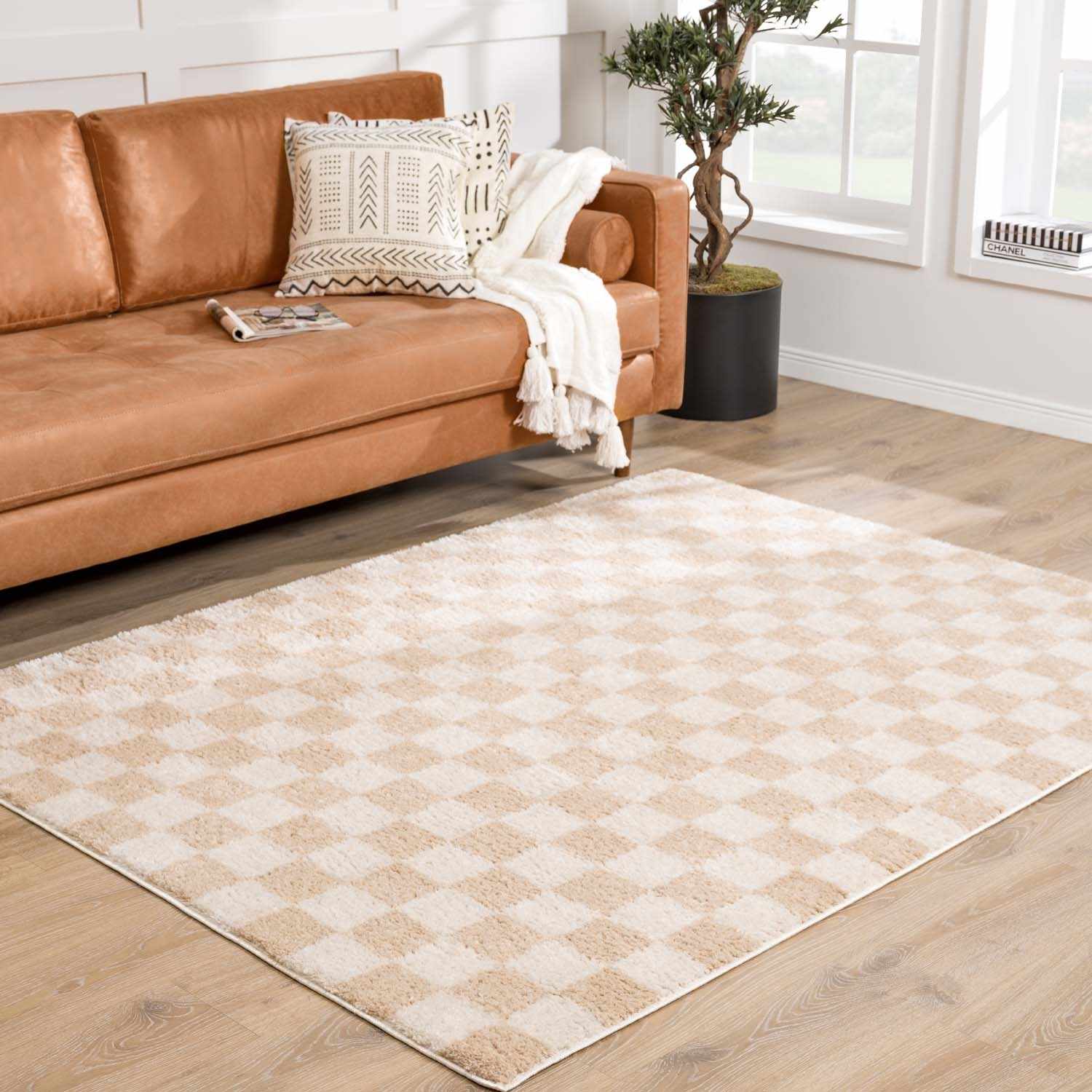 Canika Checkered Cream Washable Area Rug - Quahog Bay Bedding
