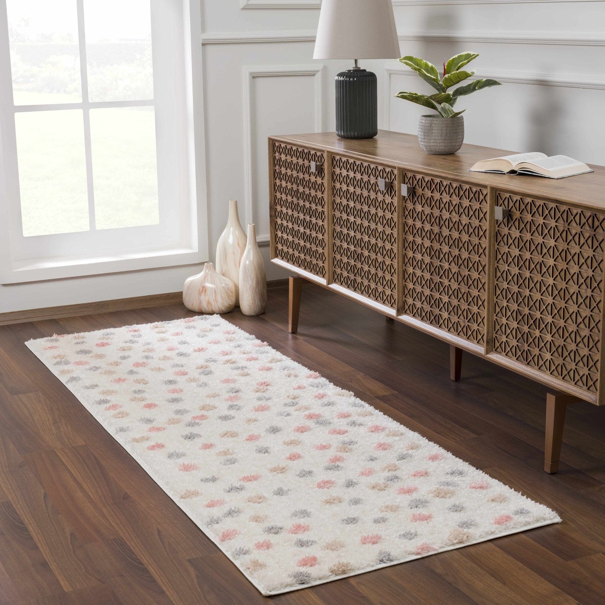 Cansu Pink & Cream Dotted Area Rug - Plush Pile Rugs - Quahog Bay Bedding