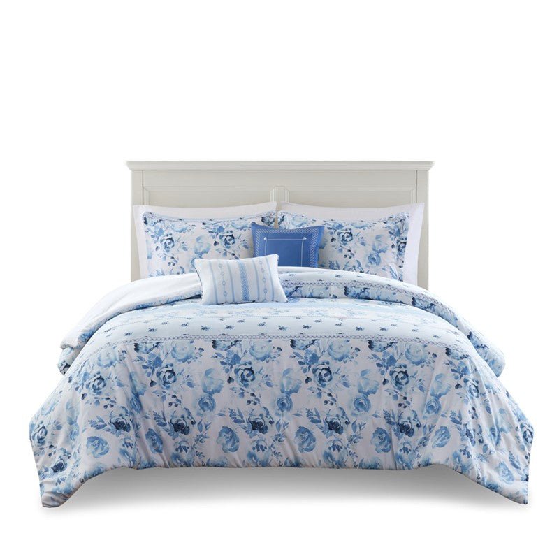 Christa Floral Striped Comforter Set - Blue Floral Coastal Comforter - Quahog Bay Bedding