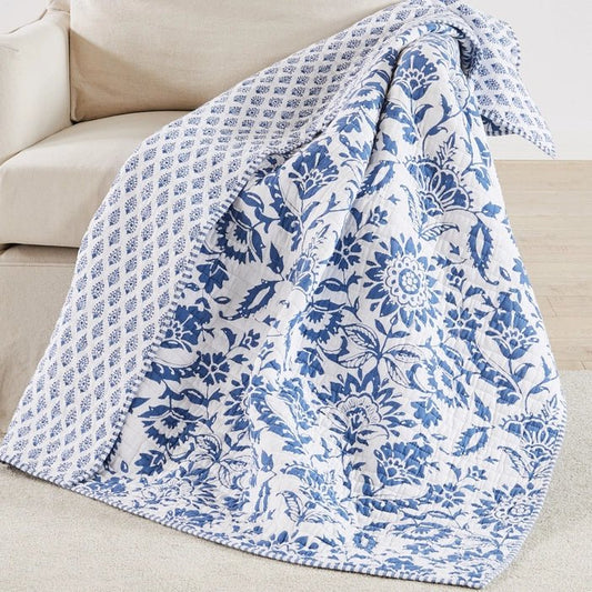 Clara Blue Quilted Throw - Coastal Throw Blanket - Quahog Bay Bedding