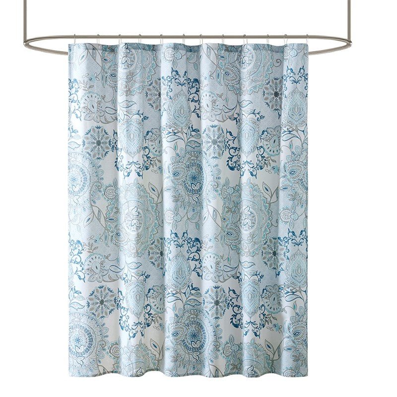 Coastal Blue Isla Printed Cotton Shower Curtain - Coastal Shower Curtains - Quahog Bay Bedding