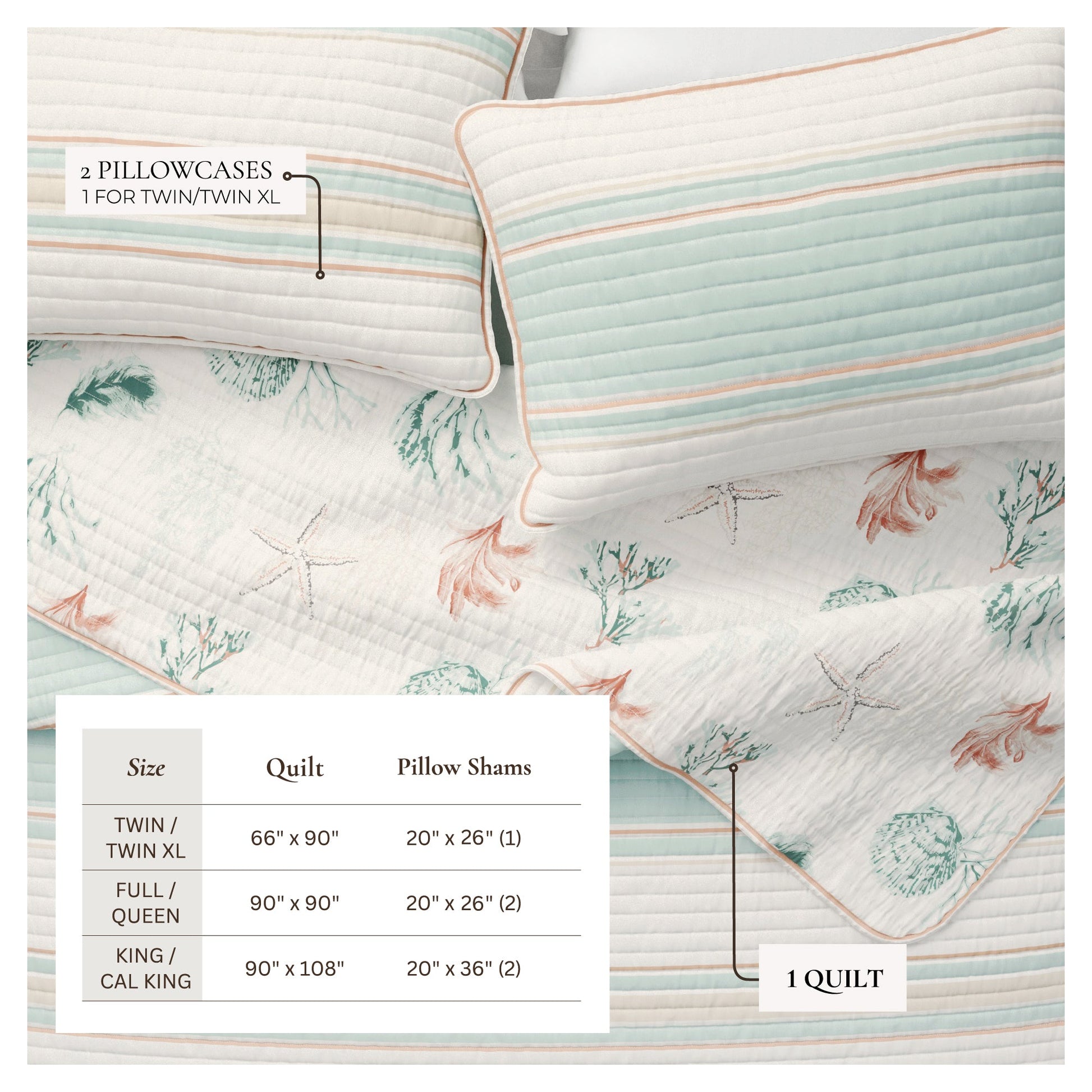Coastal Coral Cotton Quilt Set - St. Augustine Collection - Quahog Bay Bedding