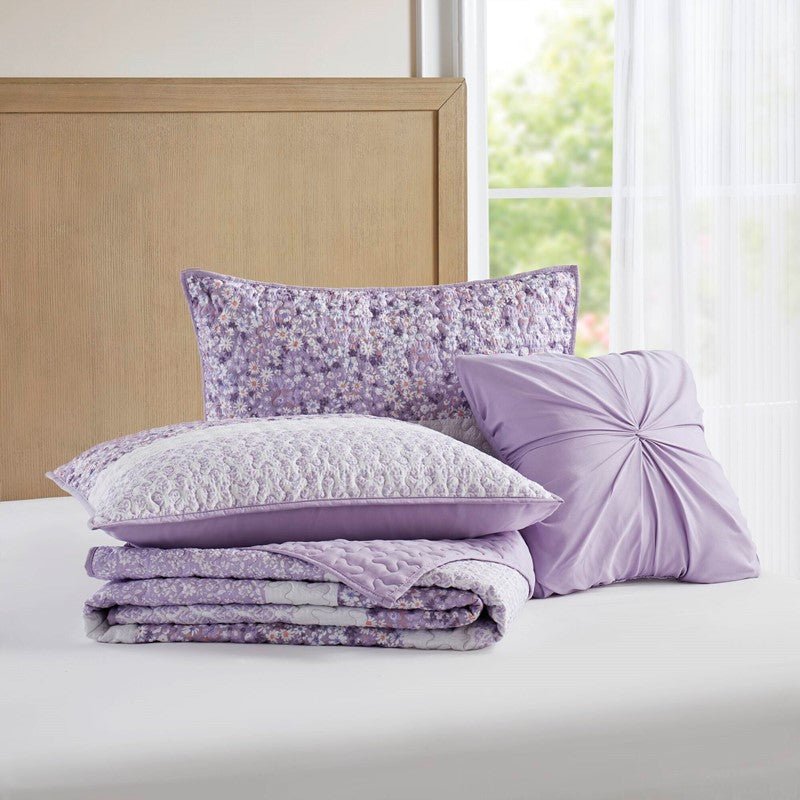 Coastal Floral Quilt Set - Shabby Chic Seersucker - Purple - Quahog Bay Bedding