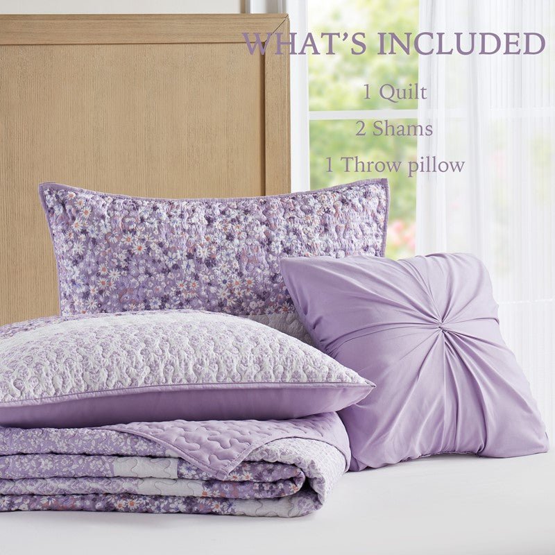 Coastal Floral Quilt Set - Shabby Chic Seersucker - Purple - Quahog Bay Bedding