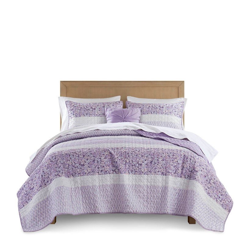 Coastal Floral Quilt Set - Shabby Chic Seersucker - Purple - Quahog Bay Bedding
