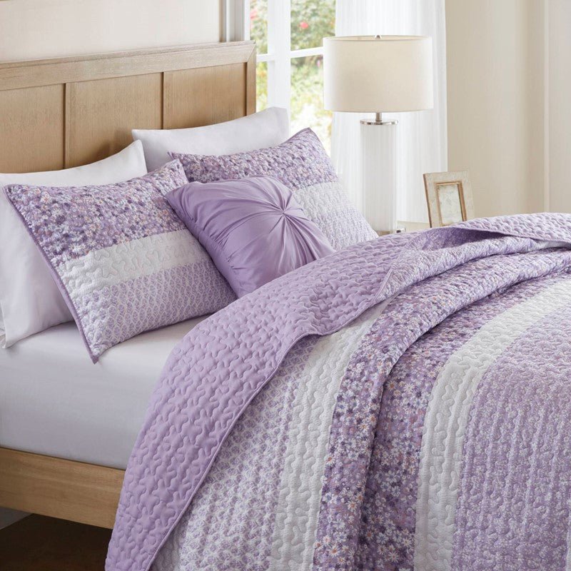 Coastal Floral Quilt Set - Shabby Chic Seersucker - Purple - Quahog Bay Bedding