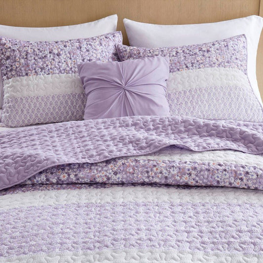 Coastal Floral Quilt Set - Shabby Chic Seersucker - Purple - Quahog Bay Bedding