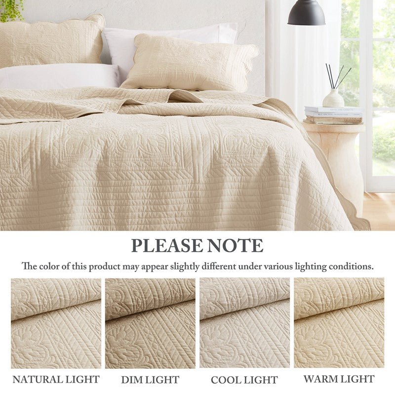 Coastal Scalloped Edge Quilt Set 3PC - Cream - Quahog Bay Bedding