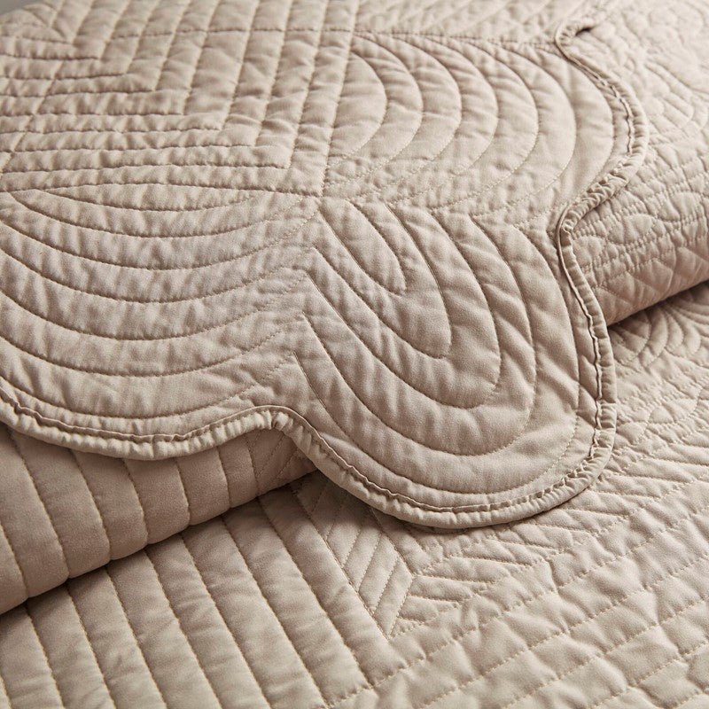 Coastal Scalloped Edge Quilt Set 3PC - Khaki - Quahog Bay Bedding