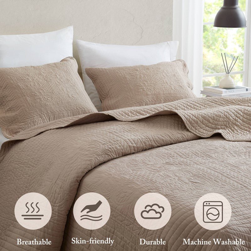 Coastal Scalloped Edge Quilt Set 3PC - Khaki - Quahog Bay Bedding