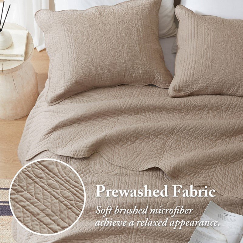 Coastal Scalloped Edge Quilt Set 3PC - Khaki - Quahog Bay Bedding