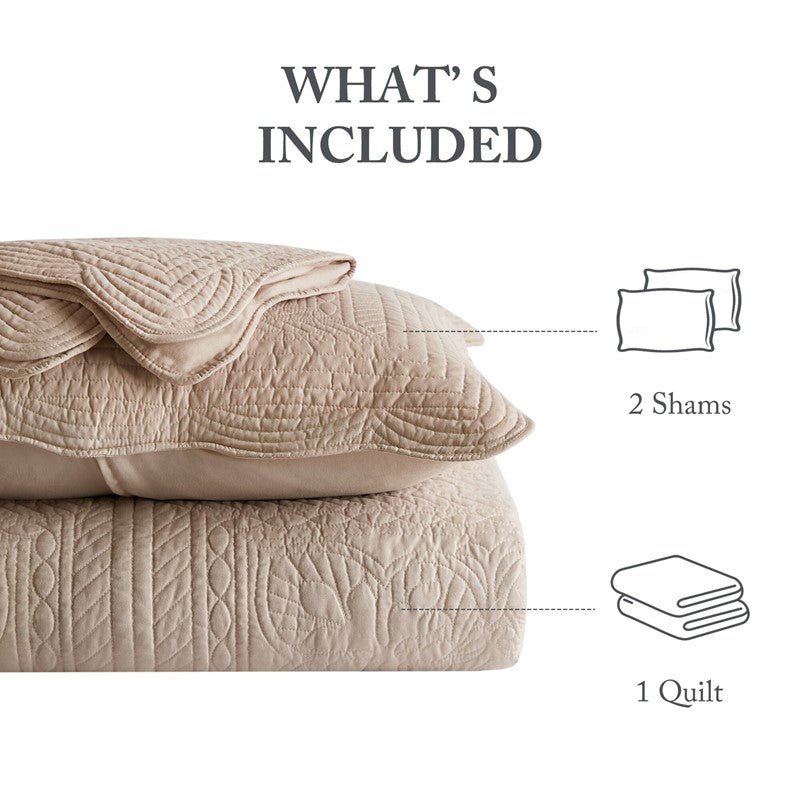 Coastal Scalloped Edge Quilt Set 3PC - Khaki - Quahog Bay Bedding