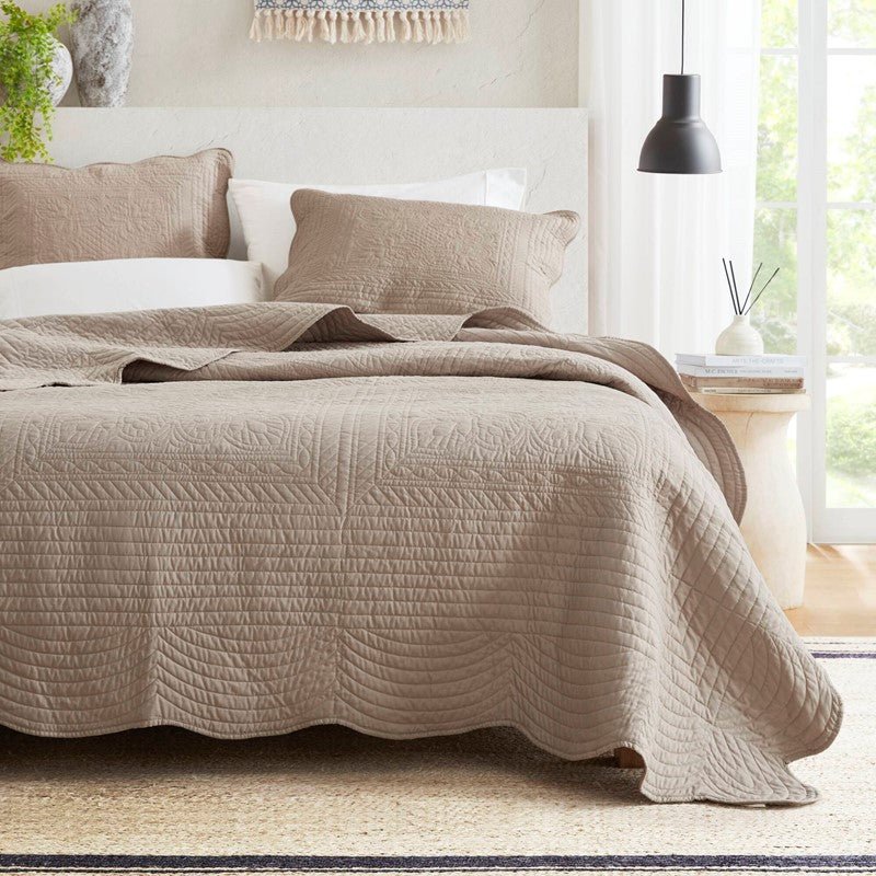 Coastal Scalloped Edge Quilt Set 3PC - Khaki - Quahog Bay Bedding