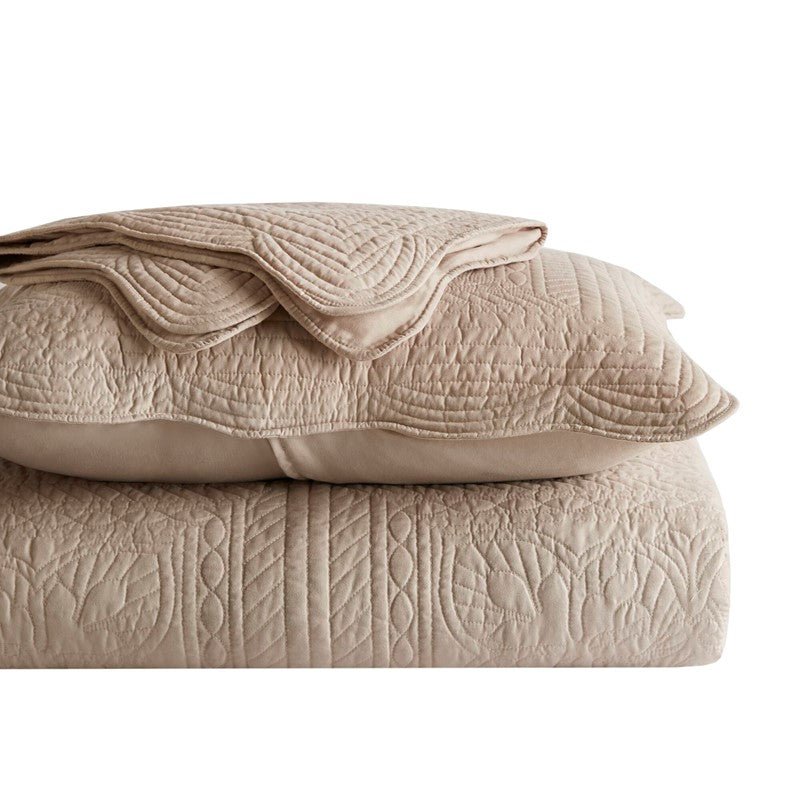 Coastal Scalloped Edge Quilt Set 3PC - Khaki - Quahog Bay Bedding