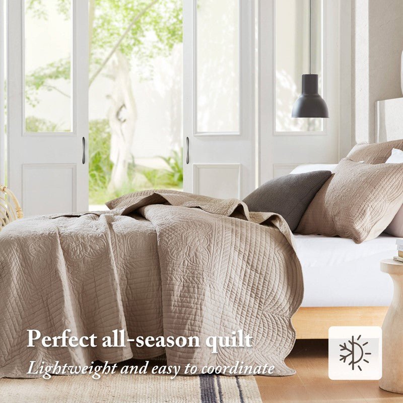 Coastal Scalloped Edge Quilt Set 3PC - Khaki - Quahog Bay Bedding