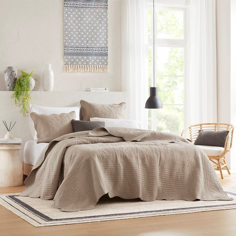 Coastal Scalloped Edge Quilt Set 3PC - Khaki - Quahog Bay Bedding