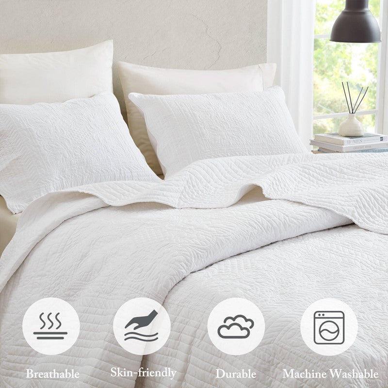 Coastal Scalloped Edge Quilt Set 3PC - White - Quahog Bay Bedding