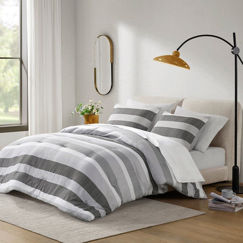 Comfort Spaces Owain Stripe Textured Print Comforter Set - Black And Grey Bedding Set - Quahog Bay Bedding