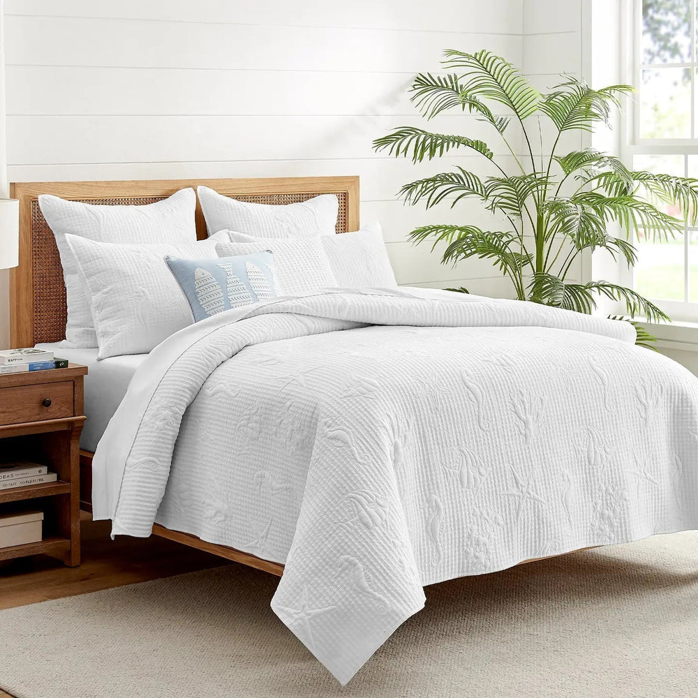 Coastal Retreat Quilt Set - Sea-inspired with white stitching and sea coral, starfish and seahorse. - Quahog Bay Bedding