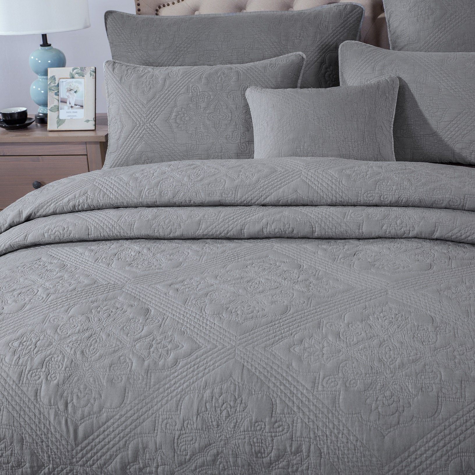 Floral Vintage Stone Wash Grey Silver Diamond Pattern Quilted Bedspread - Quahog Bay Bedding