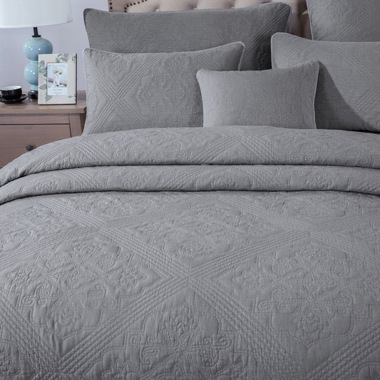 Floral Vintage Stone Wash Grey Silver Diamond Pattern Quilted Bedspread - Quahog Bay Bedding