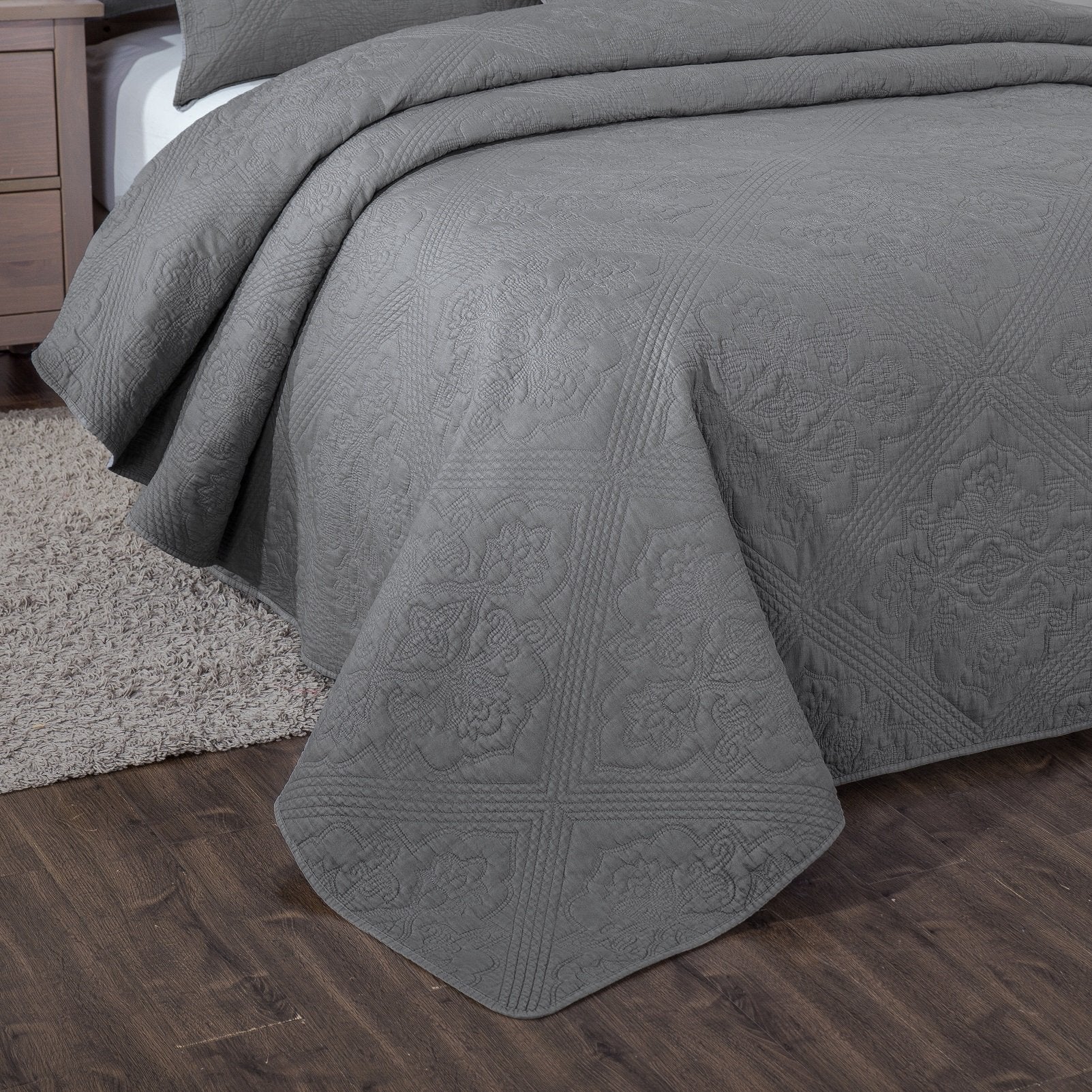 Floral Vintage Stone Wash Grey Silver Diamond Pattern Quilted Bedspread - Quahog Bay Bedding