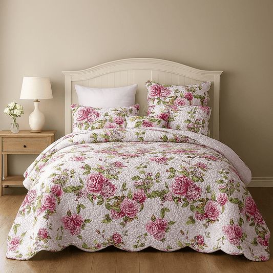 Romantic Roses Floral Quilted Scalloped Bedspread Set - Quahog Bay Bedding