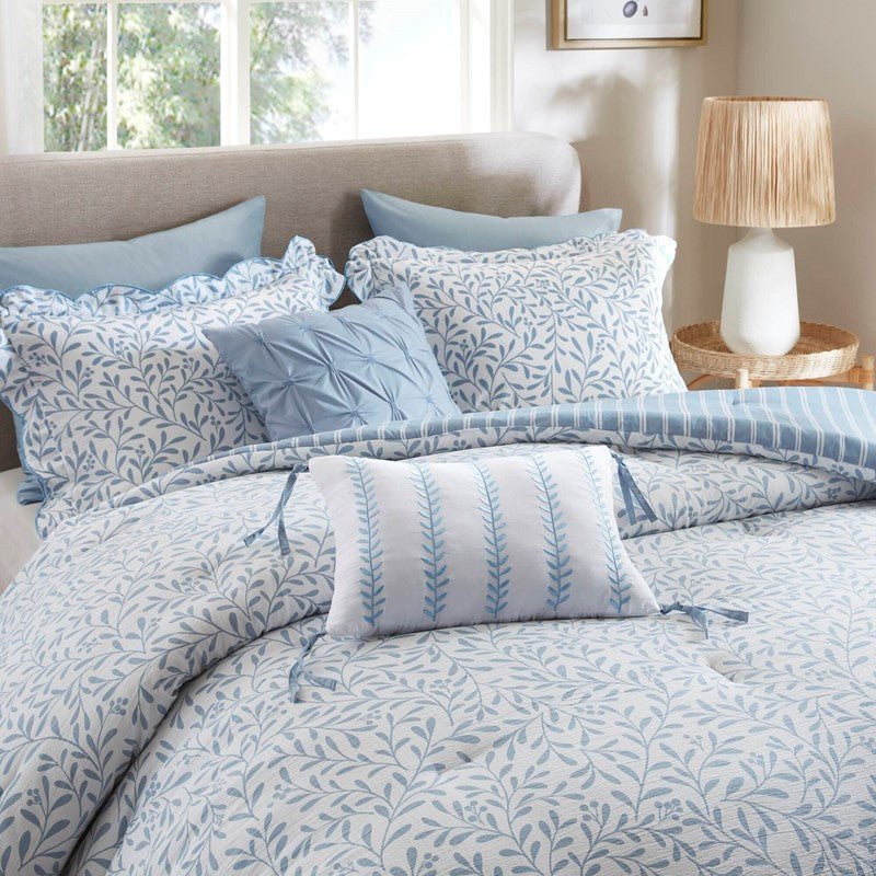 Darcy 3PC Reversible Print / Striped Scalloped Edge Comforter Set - Blue - Quahog Bay Bedding
