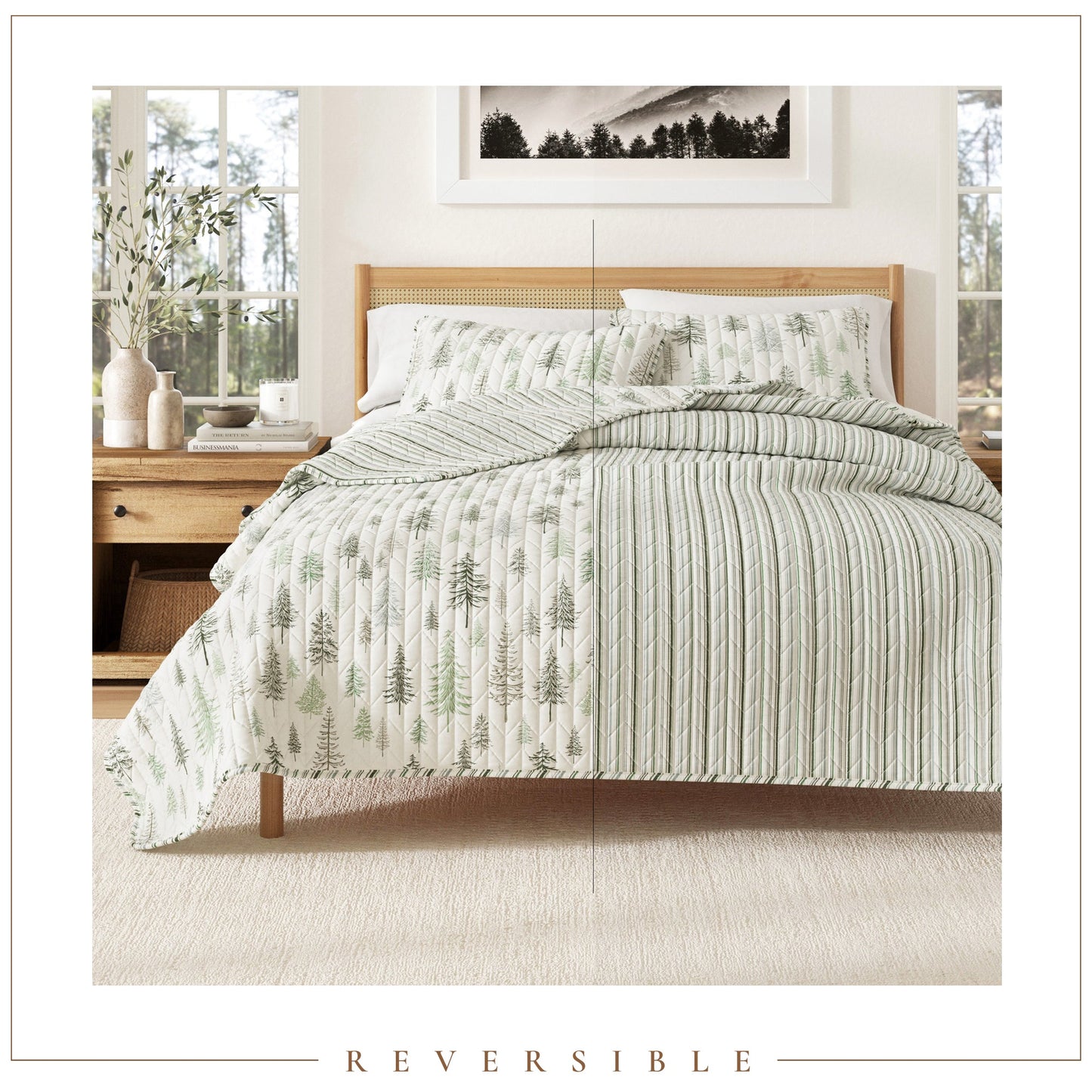 Lodge Quilt - White With Evergreen Trees - Fall & Christmas Themed Bedding
