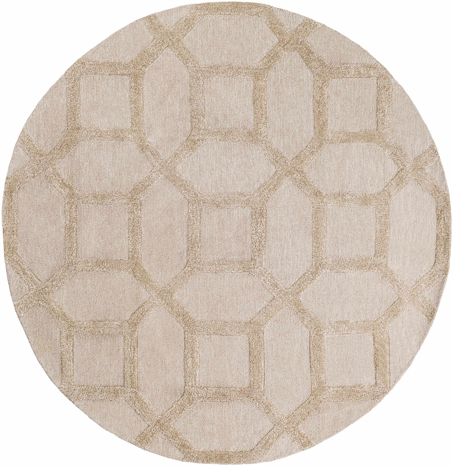 Round Dodgertown Area Rug in ivory beige wool, hand-tufted with a geometric pattern, ideal for small living areas or entryways.