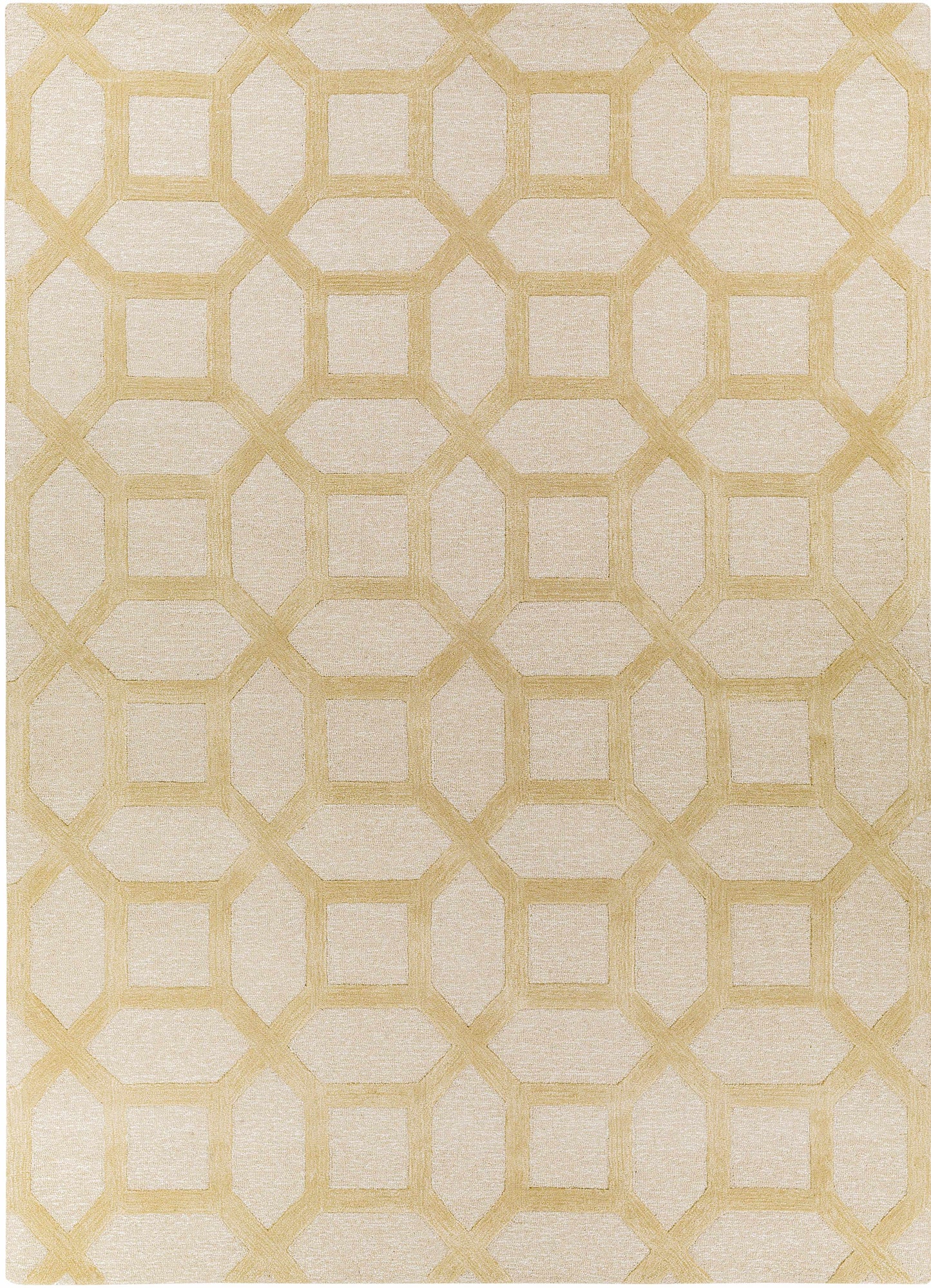 Full view of Dodgertown Area Rug - Ivory Beige Wool | Hand Tufted, featuring a modern interlocking geometric design.
