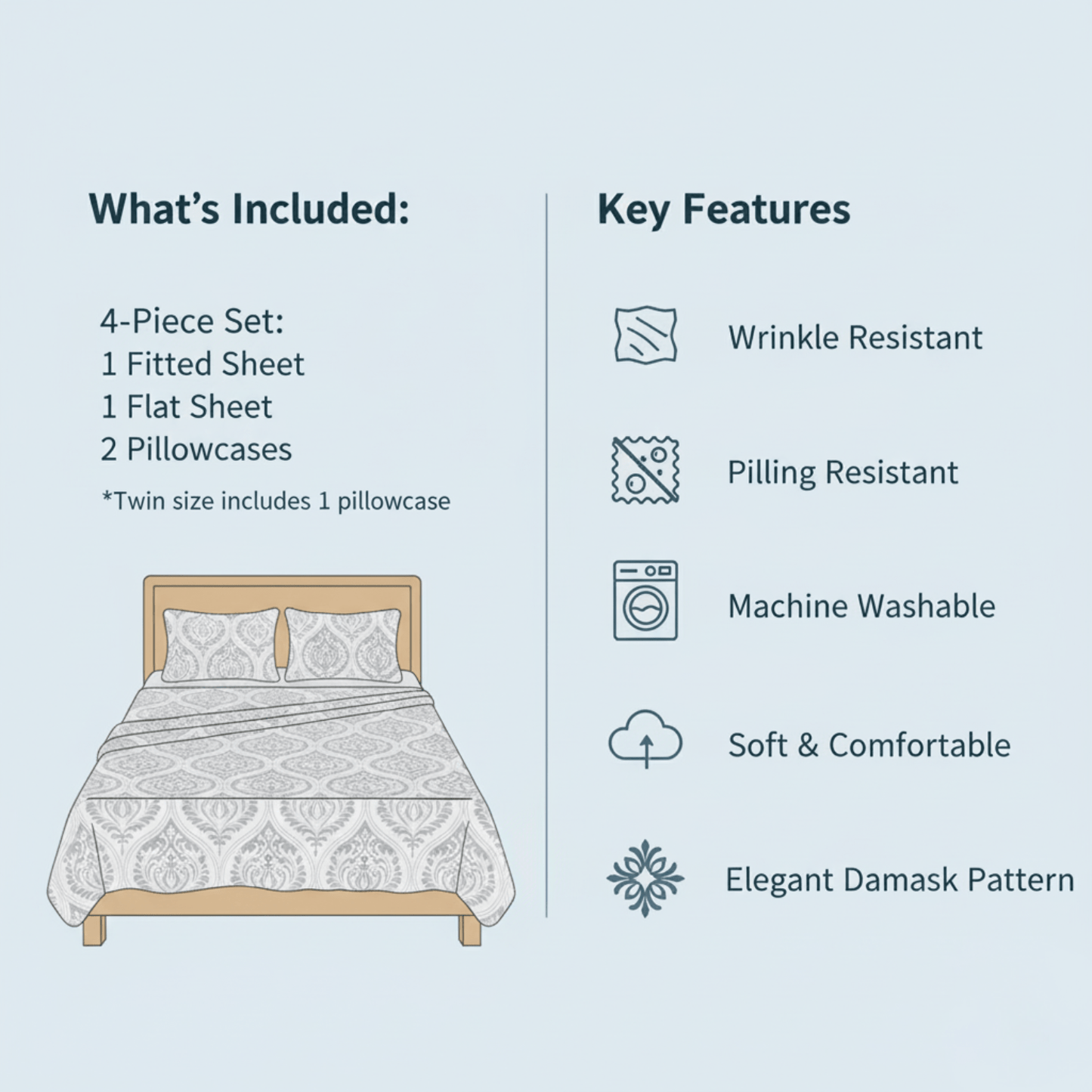 Dreamy Moon Sky Ogee Damask Heather Gray White Bed Sheet Set - Quahog Bay Bedding