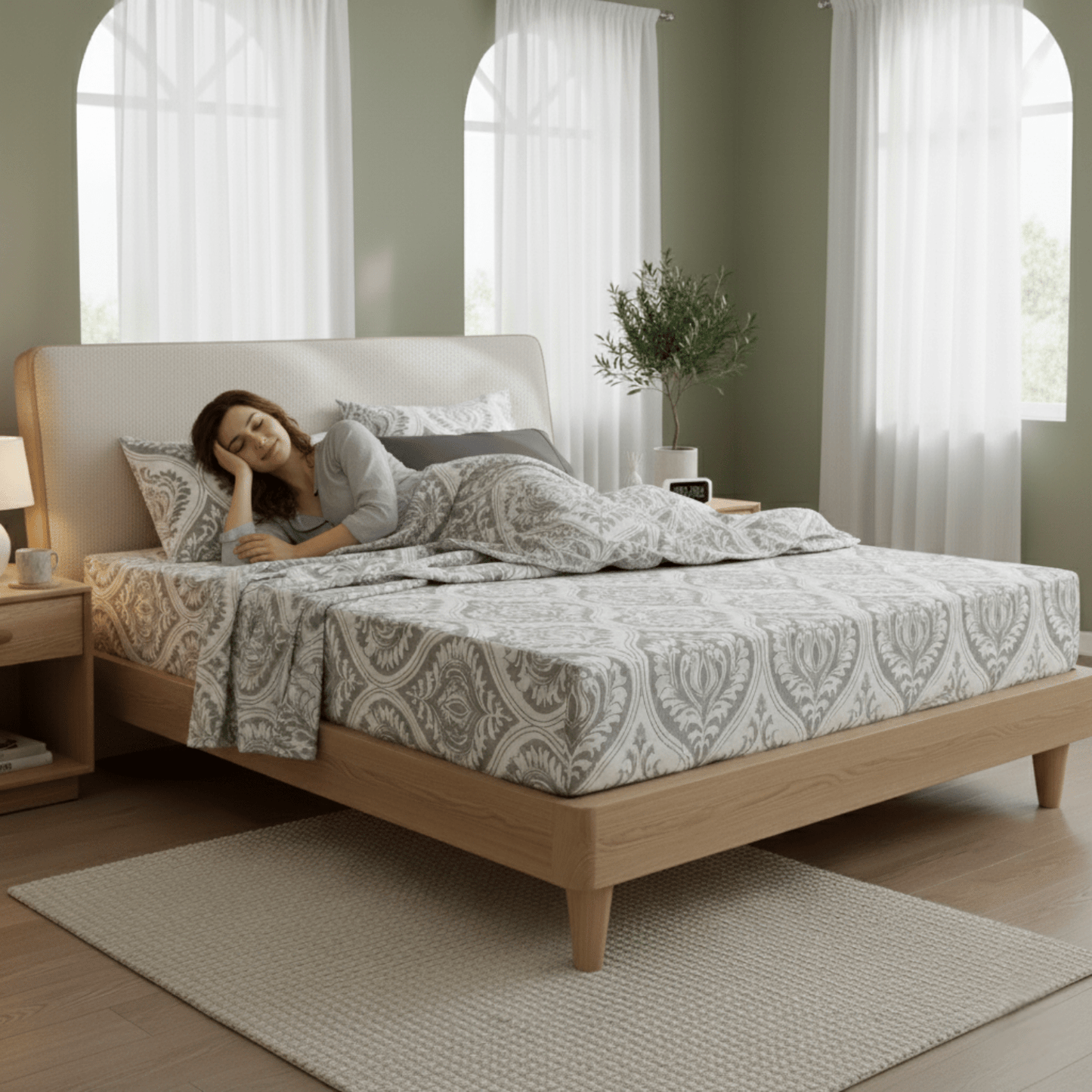Dreamy Moon Sky Ogee Damask Heather Gray White Bed Sheet Set - Quahog Bay Bedding
