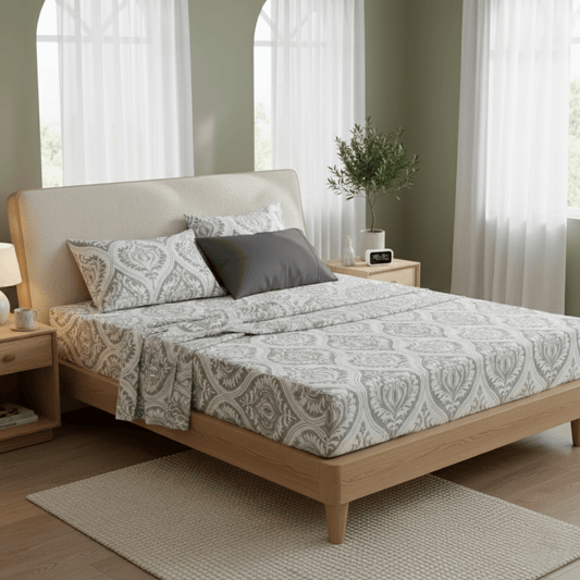 Dreamy Moon Sky Ogee Damask Heather Gray White Bed Sheet Set - Quahog Bay Bedding