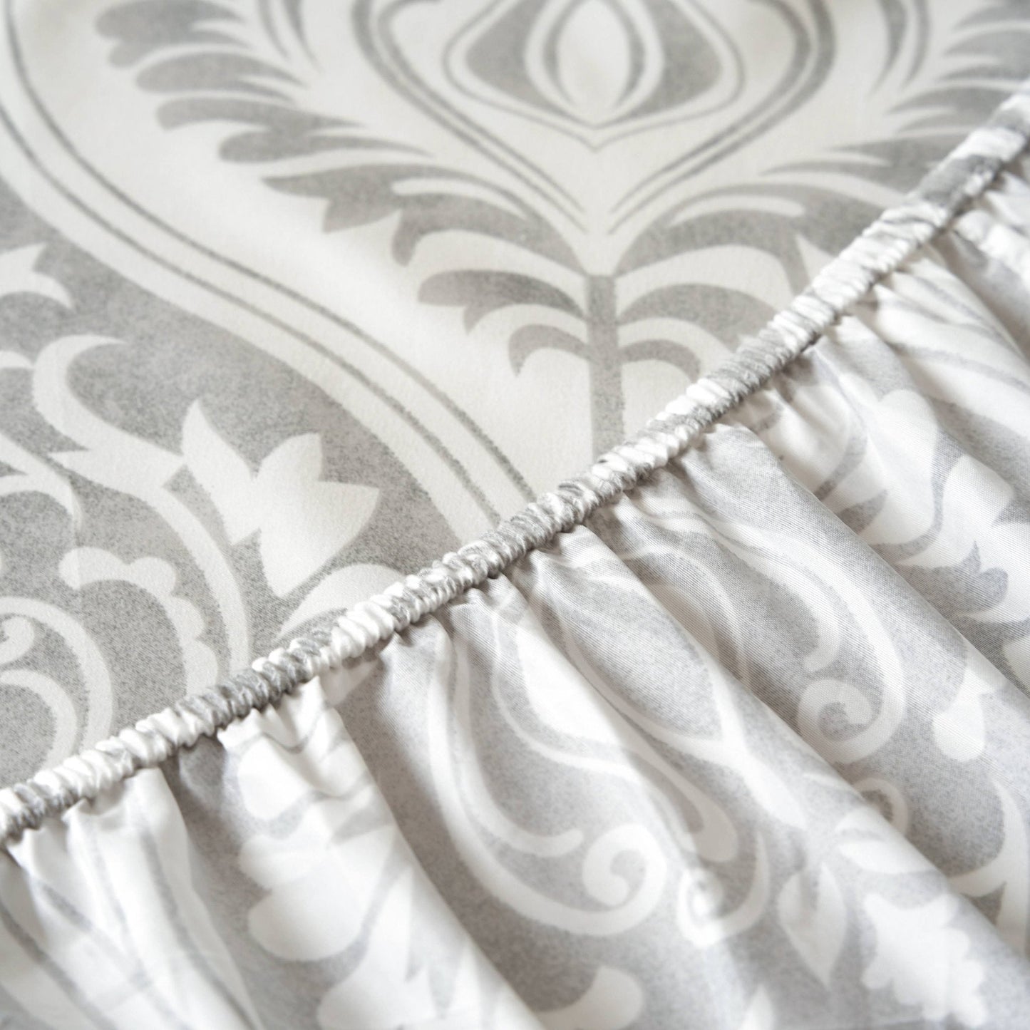Dreamy Moon Sky Ogee Damask Heather Gray White Bed Sheet Set - Quahog Bay Bedding