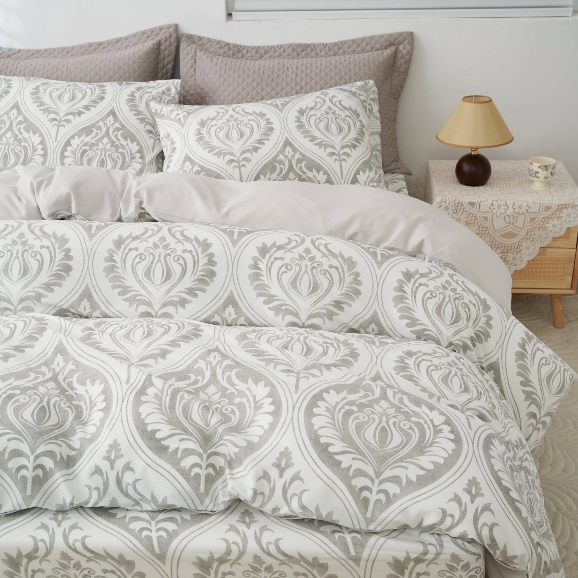 Dreamy Moon Sky Ogee Damask Heather Gray White Duvet Cover Set - Quahog Bay Bedding