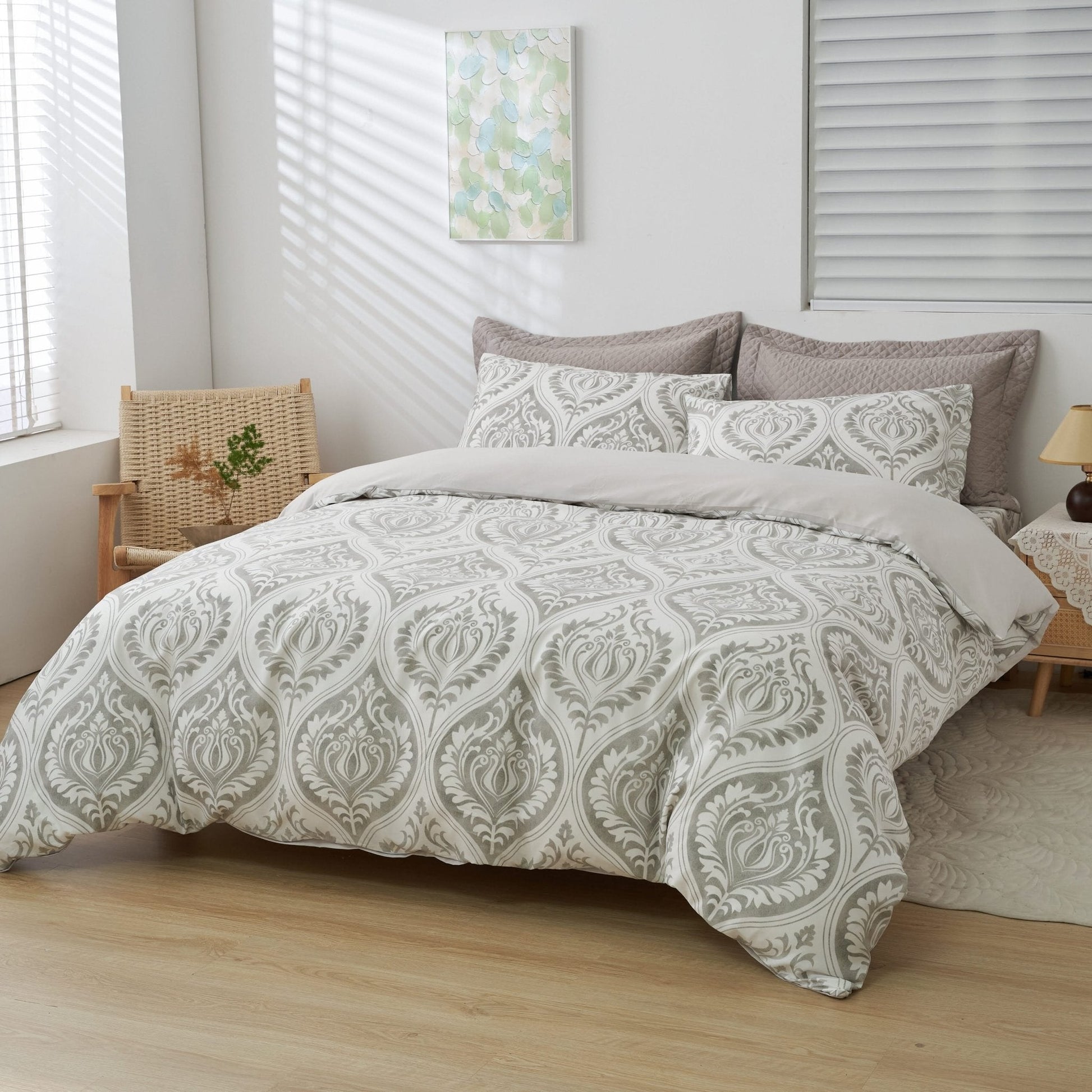 Dreamy Moon Sky Ogee Damask Heather Gray White Duvet Cover Set - Quahog Bay Bedding