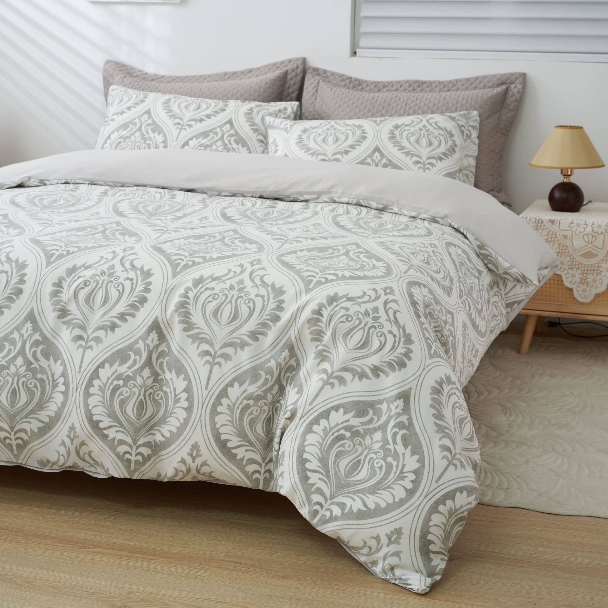 Dreamy Moon Sky Ogee Damask Heather Gray White Duvet Cover Set - Quahog Bay Bedding