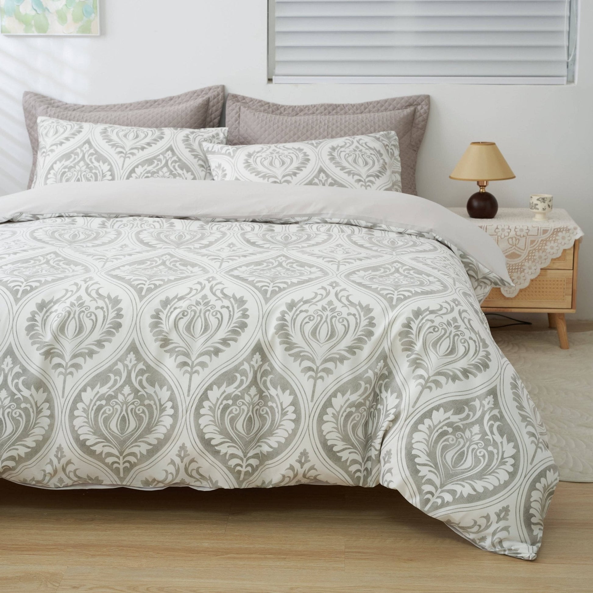 Dreamy Moon Sky Ogee Damask Heather Gray White Duvet Cover Set - Quahog Bay Bedding