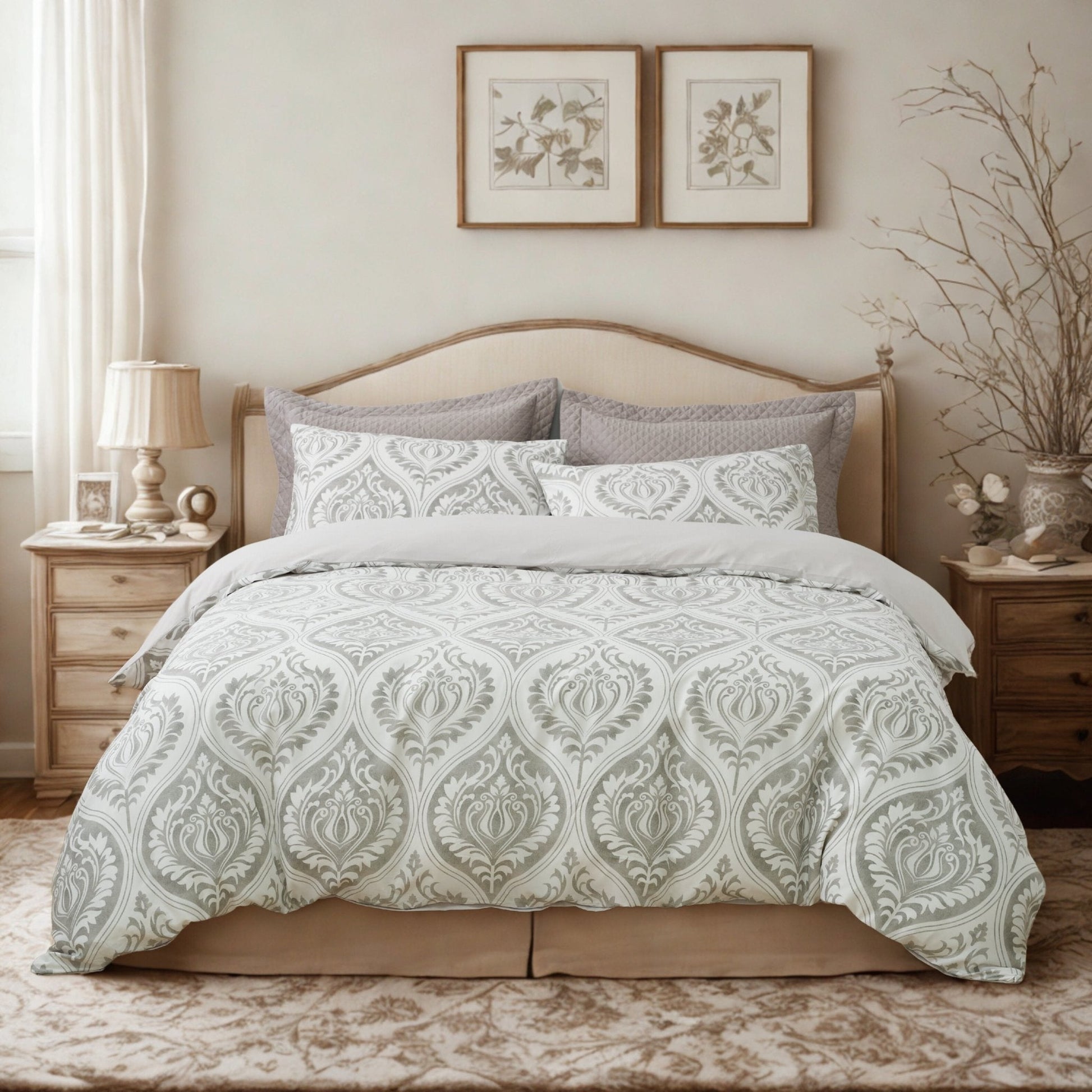 Dreamy Moon Sky Ogee Damask Heather Gray White Duvet Cover Set - Quahog Bay Bedding